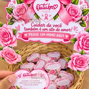 Decoração cesta outubro rosa- tags coração